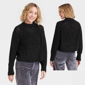 Universal Thread Women's Crewneck Openwork Pullover Sweater Black Size Large